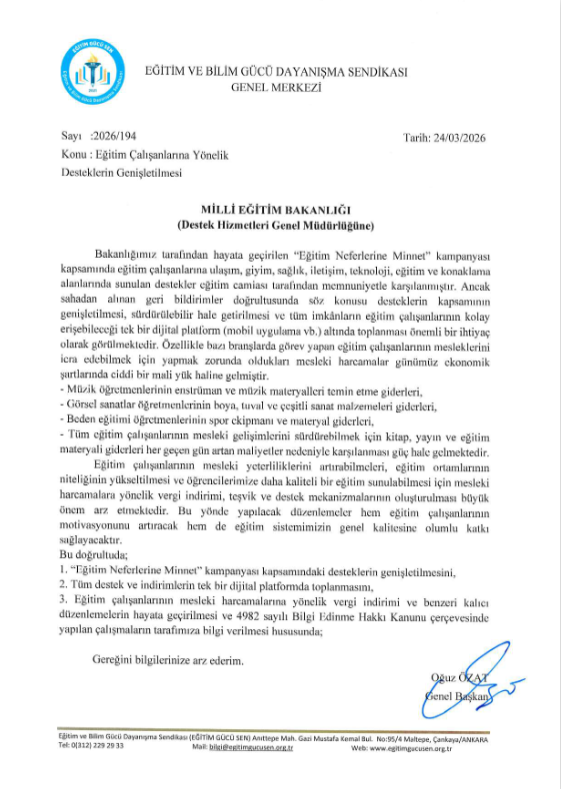 “Eğitim Neferlerine Minnet” Kampanyası Kapsamındaki Desteklerin Genişletilmesini Meb’den Talep Ettik!